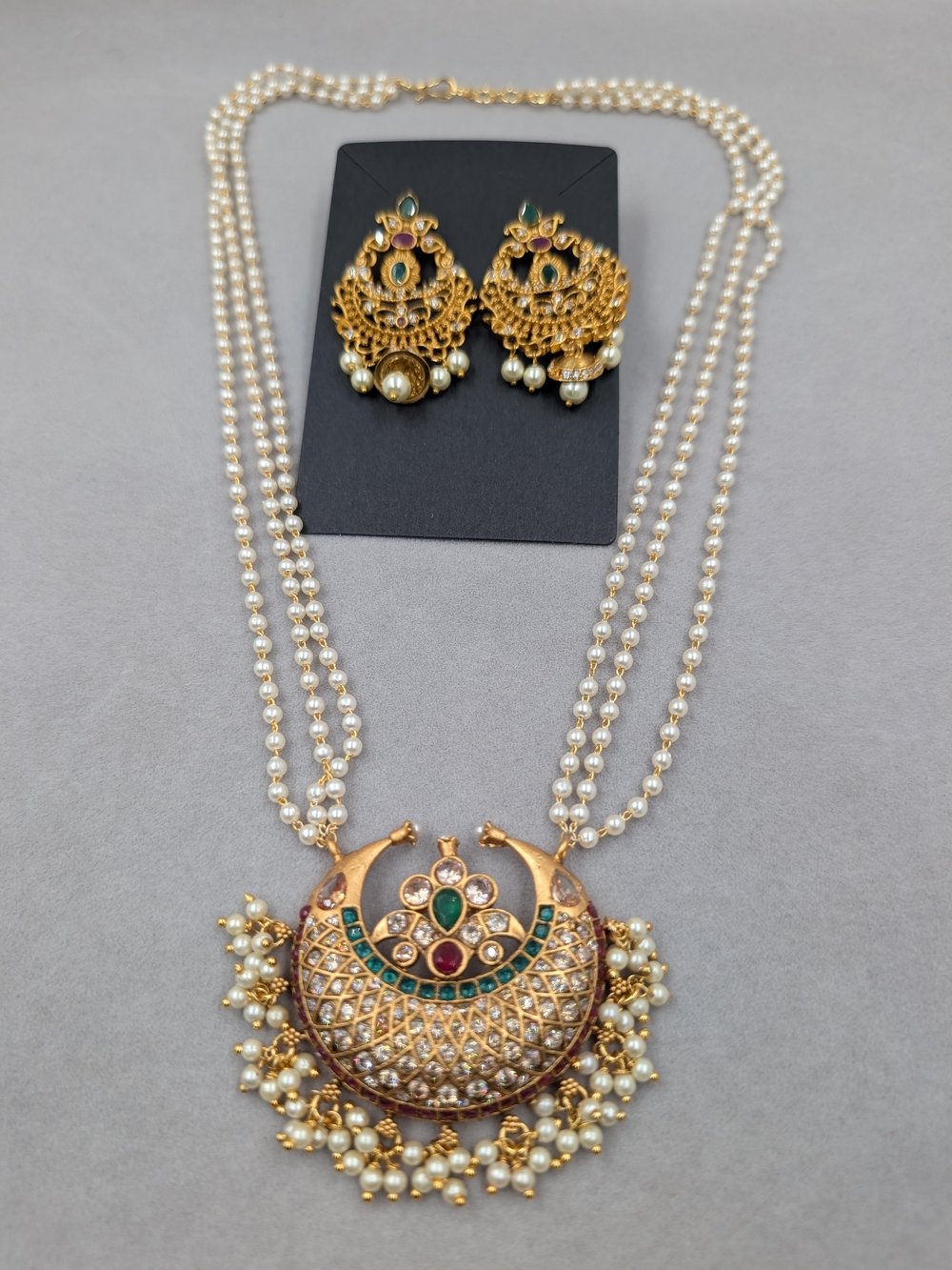 Indian Peacock Kundan Style Pearl Necklace Earrings Set Bridal | 0017 - Picture 2 of 11